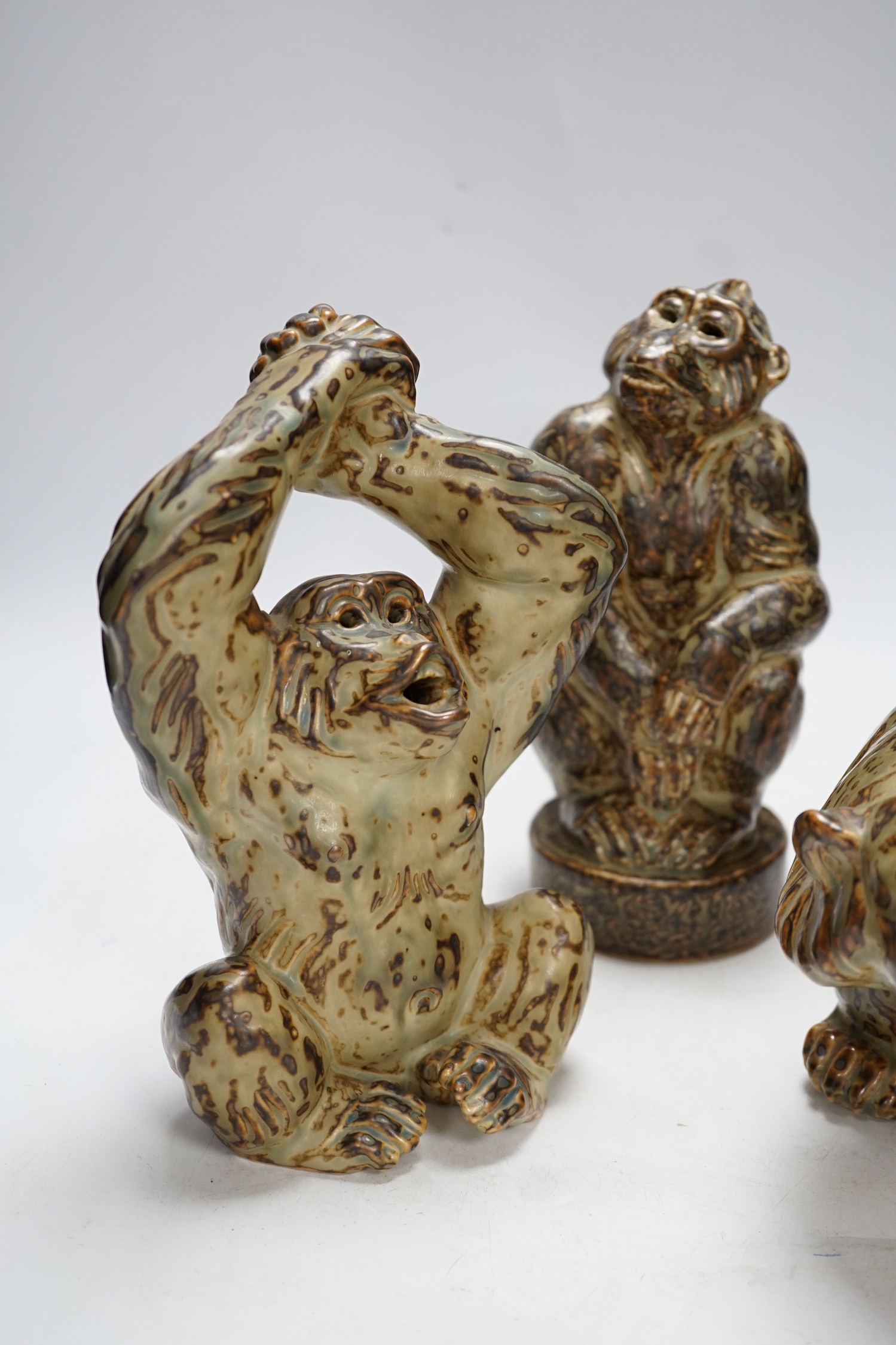 Three Royal Copenhagen, stoneware animals by Knud Kyhn; a monkey (21633), an ape (20227) and a bear (20140), tallest 21.5 cm